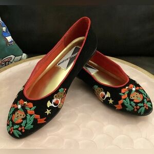 Mootsies Tootsies Size 7 Christmas Black Velvet Teddy Bear Embroidered Flats